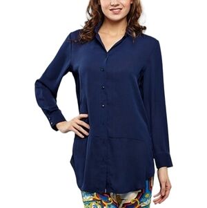 NWT INSIGHT New York Navy Sheer Georgette Blouse Size L Long Sleeve Button Up